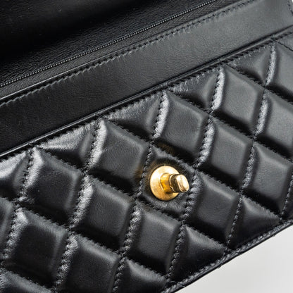 Chanel letter logo top handle flap wallet on chain shiny calfskin black  (microchip)