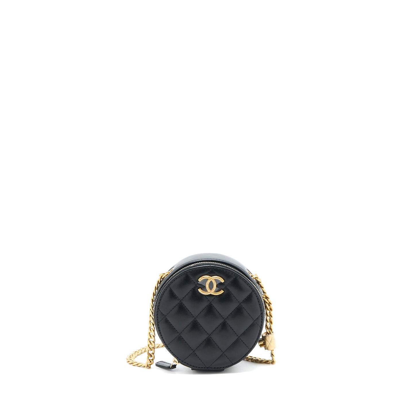 Chanel 22K Gold Pillar Round Clutch With Chain Lambskin Black Brushed