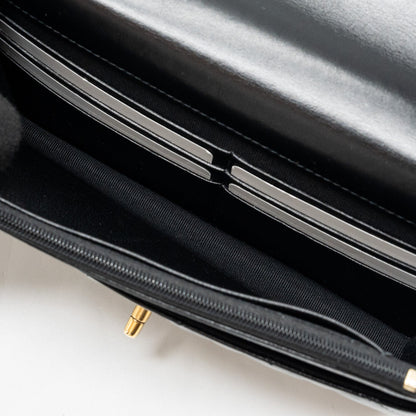Chanel letter logo top handle flap wallet on chain shiny calfskin black  (microchip)