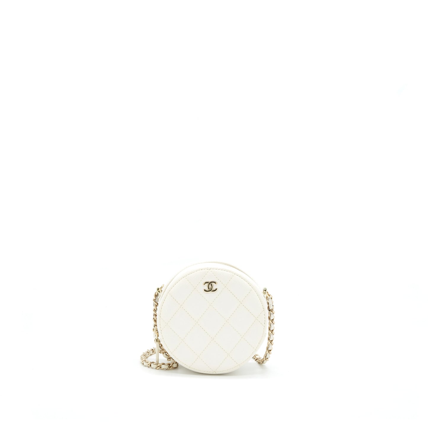 Chanel mini round Bag with Chain Caviar White L