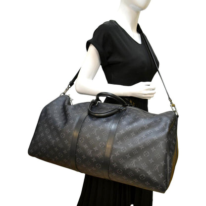 LOUIS VUITTON Keepall 55 Bandouliere Monogram Eclipse Travel Bag Black
