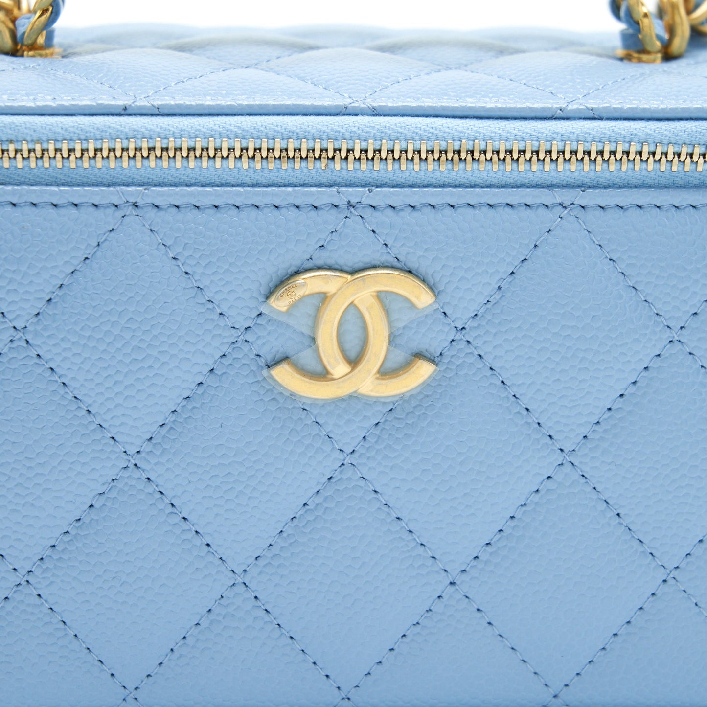 Chanel 22S Letter Logo Top Handle Long Vanity With Chain Caviar Light Blue