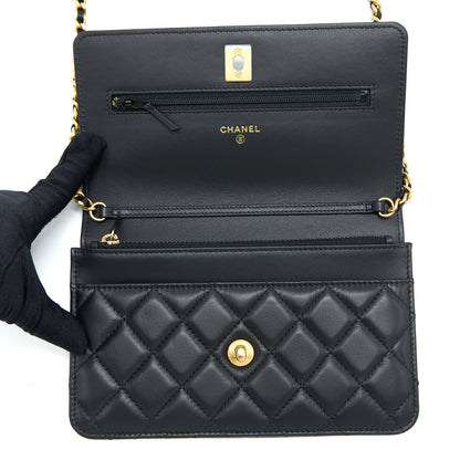 Chanel Pearl Crush Wallet on Chain Lambskin Black Brushed  (Microchip)
