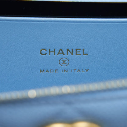 Chanel 22S Letter Logo Top Handle Long Vanity With Chain Caviar Light Blue