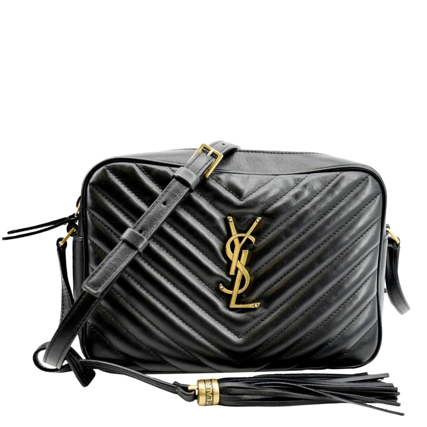 YVES SAINT LAURENT Lou Chevron Leather Camera Crossbody Bag Black