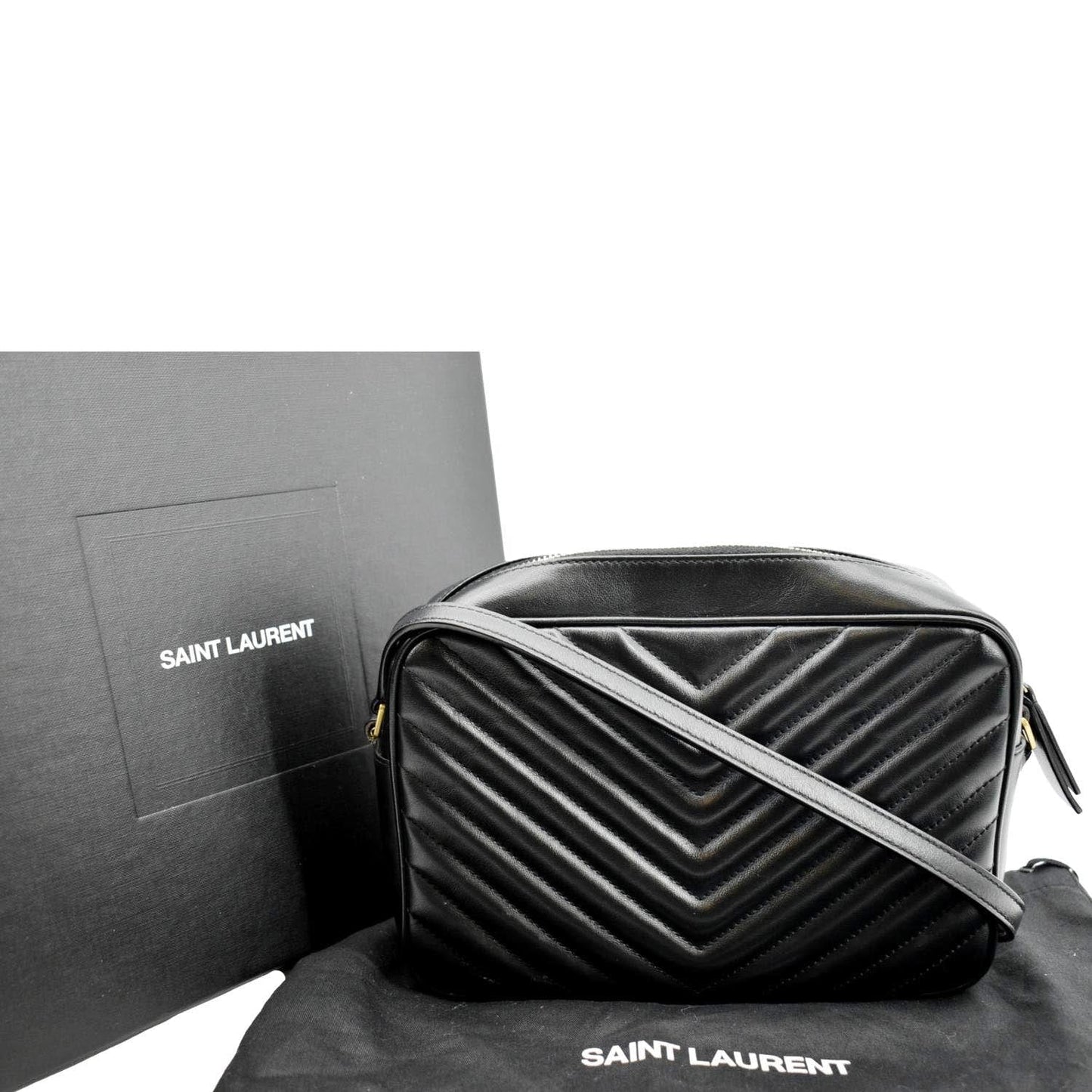 YVES SAINT LAURENT Lou Chevron Leather Camera Crossbody Bag Black