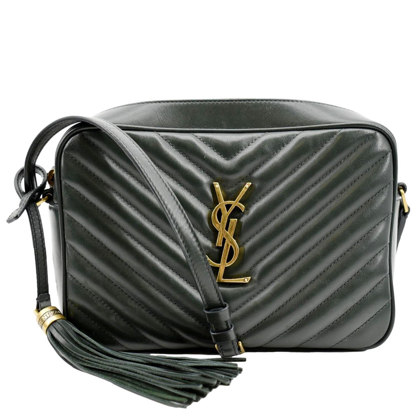 YVES SAINT LAURENT Lou Chevron Leather Camera Crossbody Bag Green