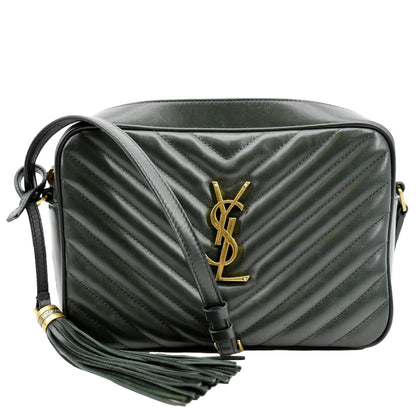 YVES SAINT LAURENT Lou Chevron Leather Camera Crossbody Bag Green