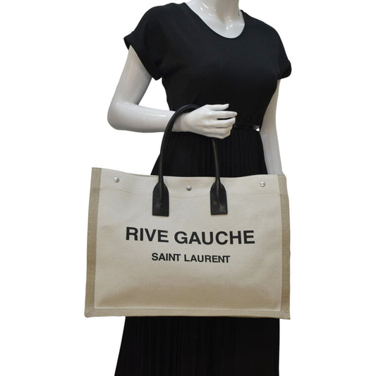 YVES SAINT LAURENT Rive Gauche Small Linen Leather Tote Griege