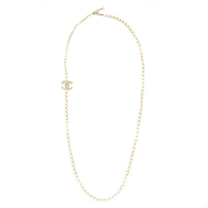 Chanel CC Logo Long Necklace Pearl Brushed Light Gold Tone