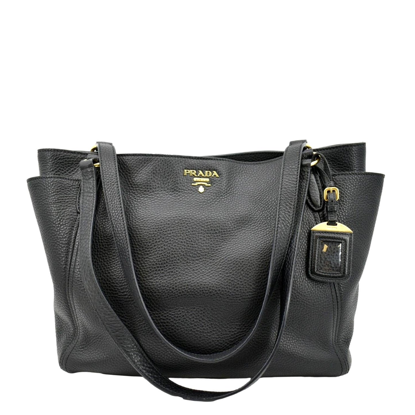 PRADA Vitello Daino Side-Pocket Leather Tote Shoulder Bag Black