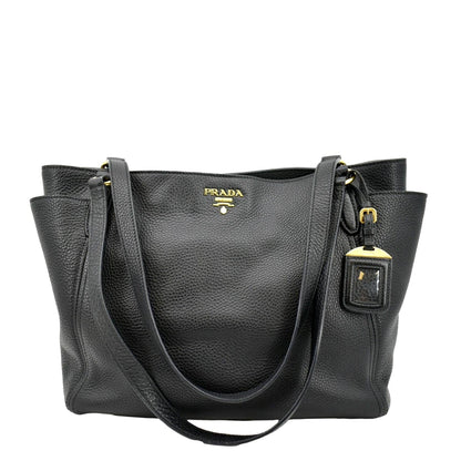 PRADA Vitello Daino Side-Pocket Leather Tote Shoulder Bag Black