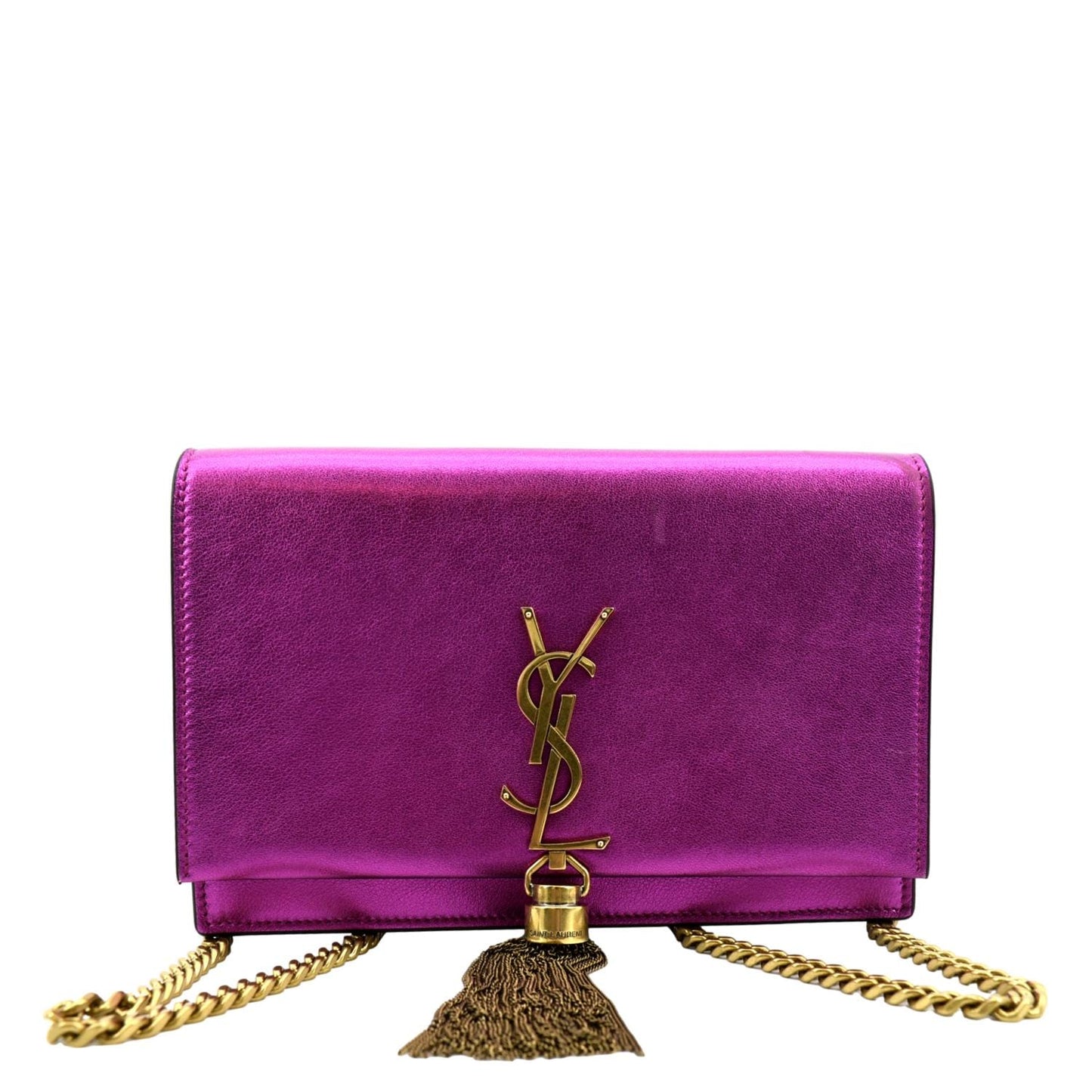 YVES SAINT LAURENT Kate Tassel Leather Wallet on Chain Bag Metallic Purple