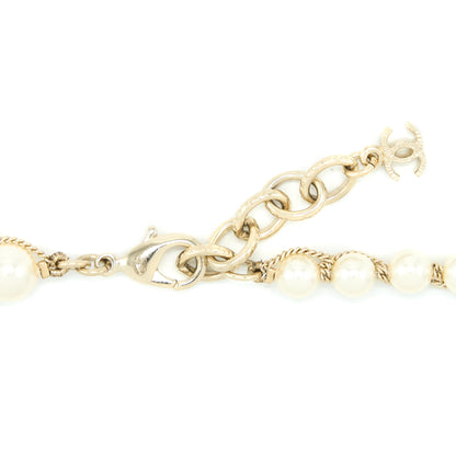 Chanel CC Logo Long Necklace Pearl Brushed Light Gold Tone