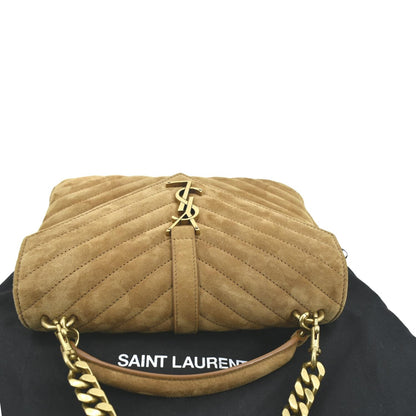YVES SAINT LAURENT College Chevron Suede Shoulder Chain Bag Camel