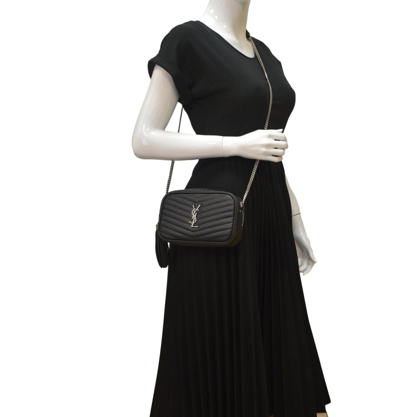 YVES SAINT LAURENT Lou Chevron Leather Camera Crossbody Bag Black