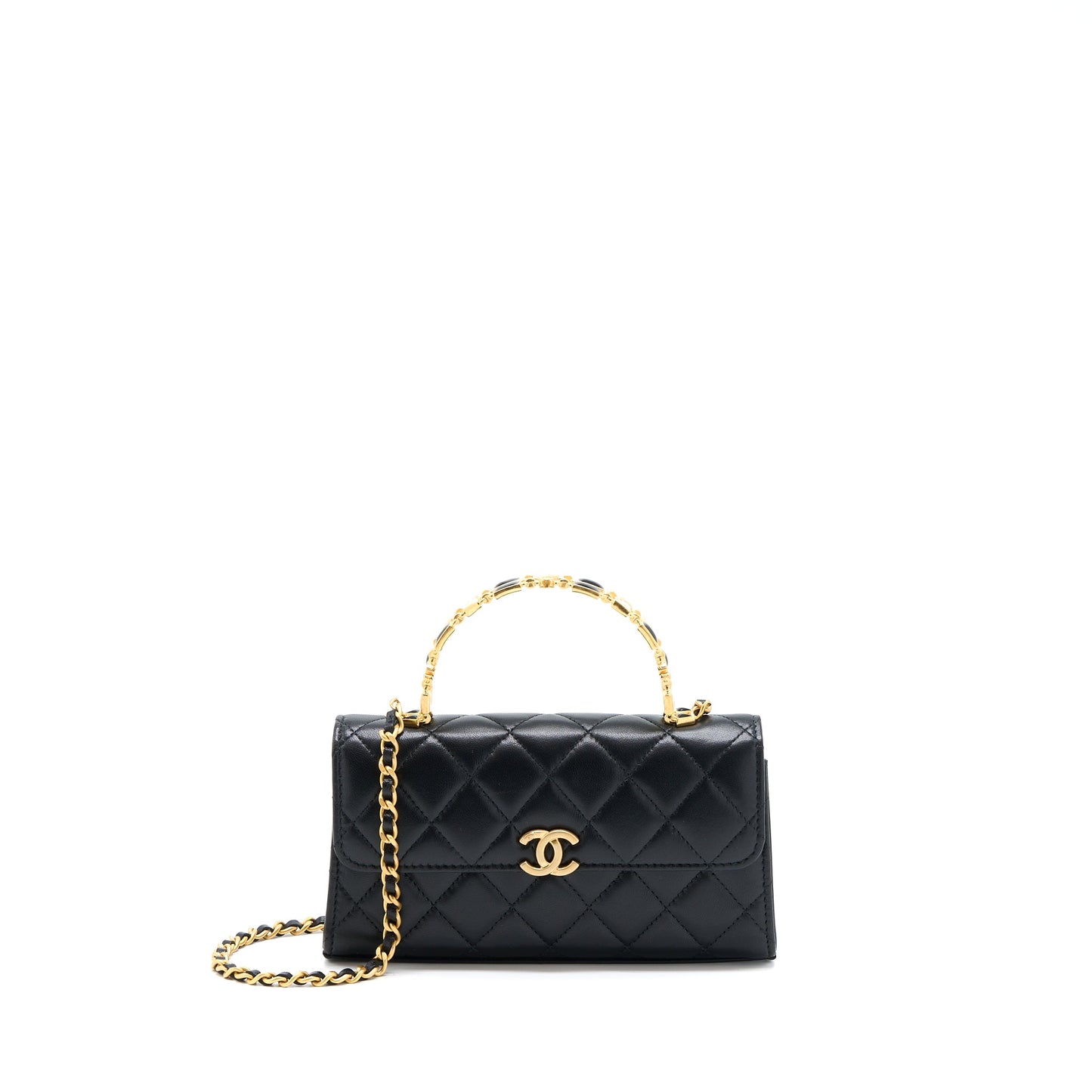 Chanel 22B Flap Bag With Enamel Top Handle Lambskin Black