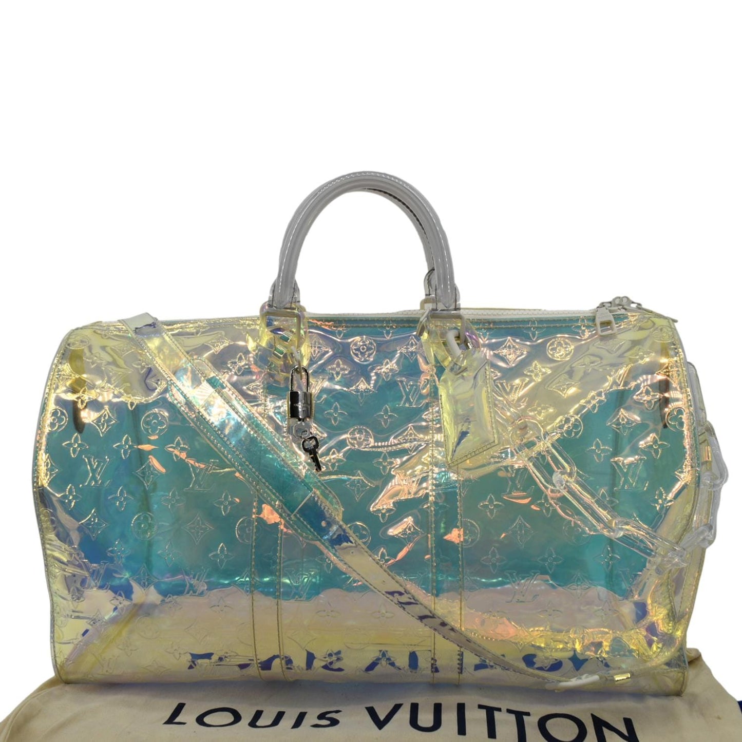 LOUIS VUITTON Keepall Bandouliere Embossed Monogram PVC Prism Travel Bag Iridescent
