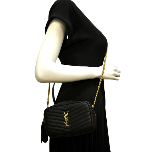 YVES SAINT LAURENT Lou Chevron Leather Camera Crossbody Bag Black
