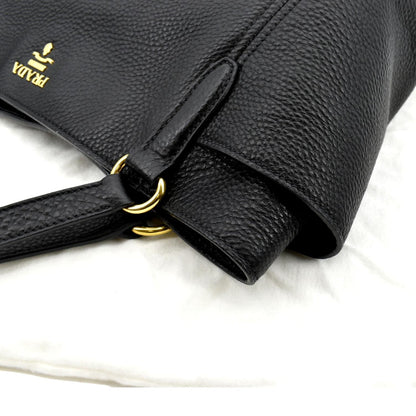 PRADA Vitello Daino Side-Pocket Leather Tote Shoulder Bag Black