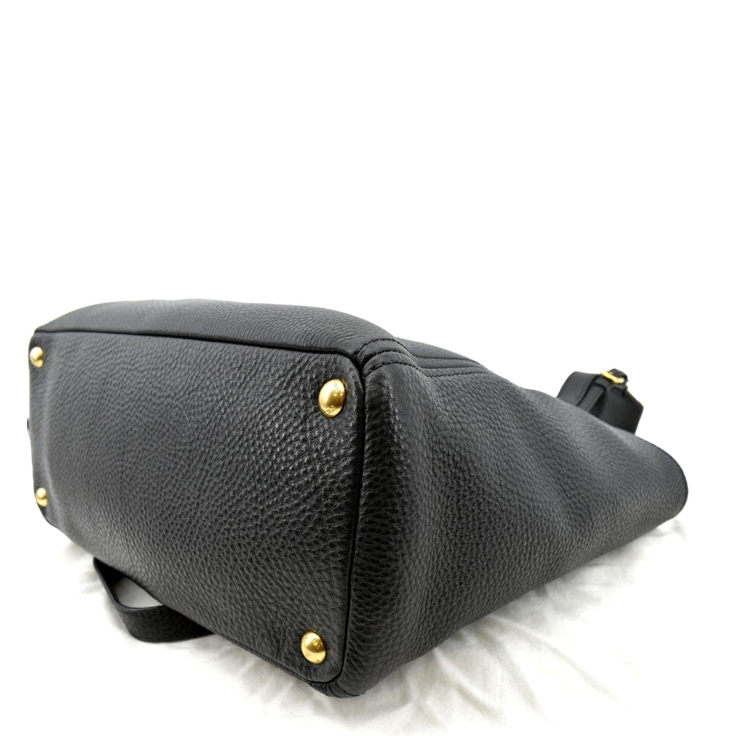 PRADA Vitello Daino Side-Pocket Leather Tote Shoulder Bag Black