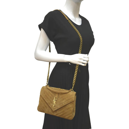 YVES SAINT LAURENT College Chevron Suede Shoulder Chain Bag Camel