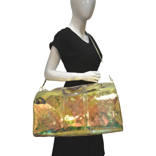 LOUIS VUITTON Keepall Bandouliere Embossed Monogram PVC Prism Travel Bag Iridescent