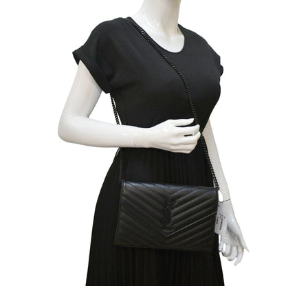YVES SAINT LAURENT Cassandre Chain Wallet Leather Crossbody Bag Black