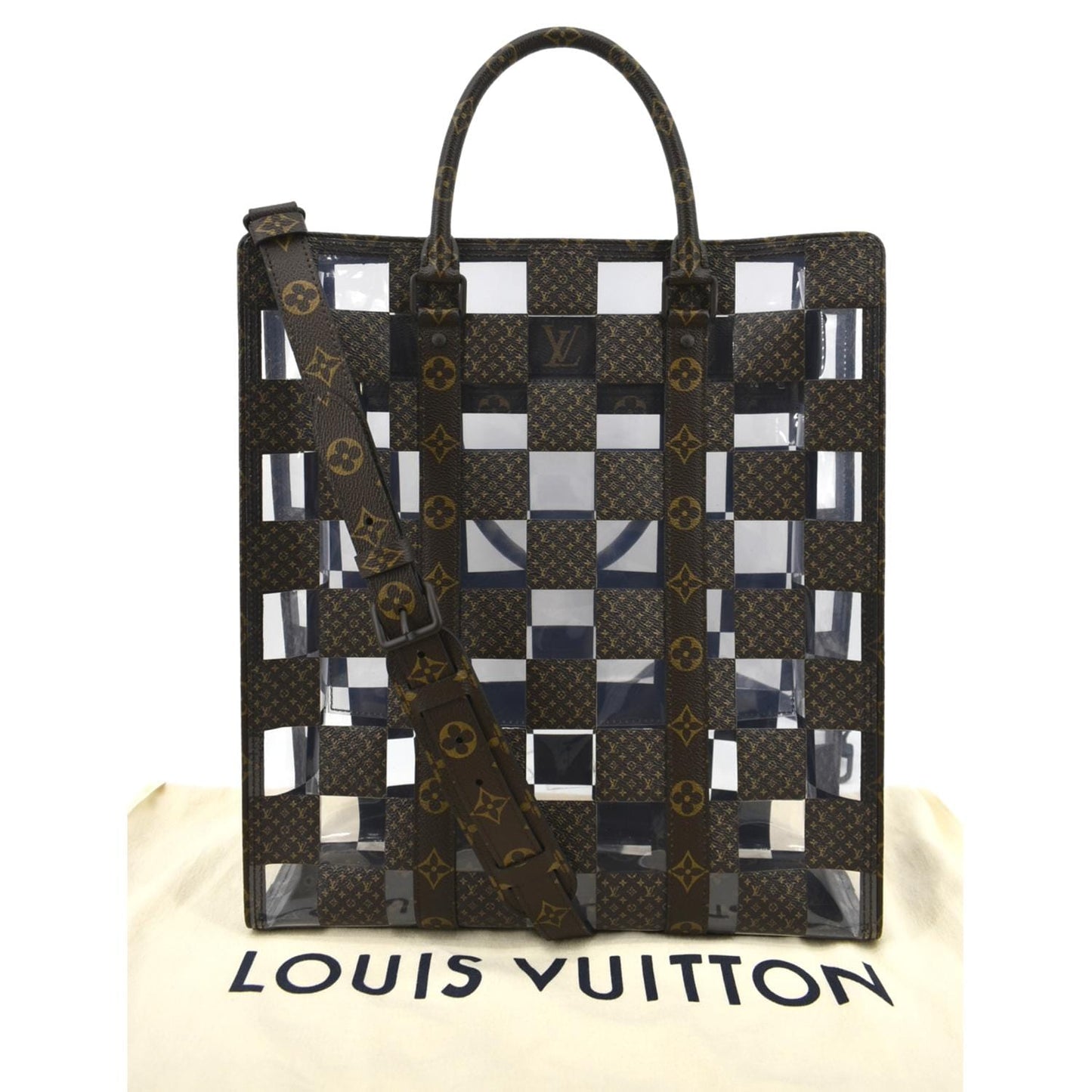 LOUIS VUITTON Sac Plat Chess PVC Monogram Coated Canvas Tote Shoulder Bag Brown