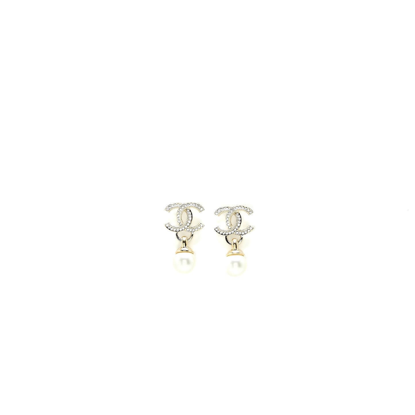 Chanel 22K CC Logo Drop Earrings Crystal/Pearl Light Gold Tone