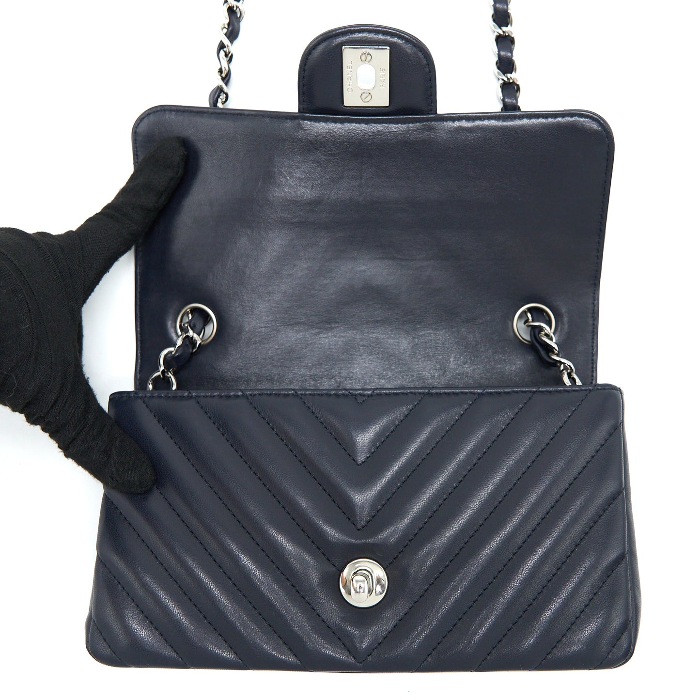 Chanel Mini Rectangular Flap Bag Chevron Lambskin Navy