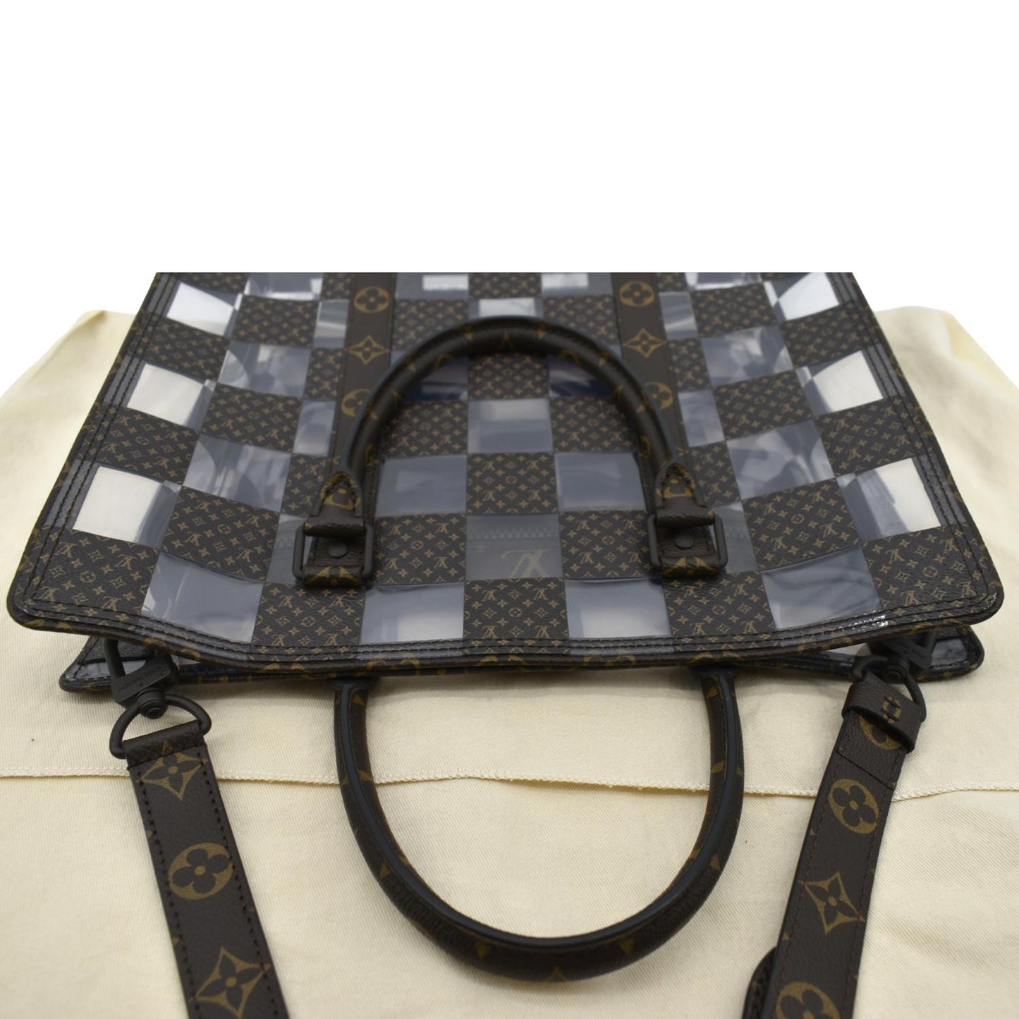 LOUIS VUITTON Sac Plat Chess PVC Monogram Coated Canvas Tote Shoulder Bag Brown