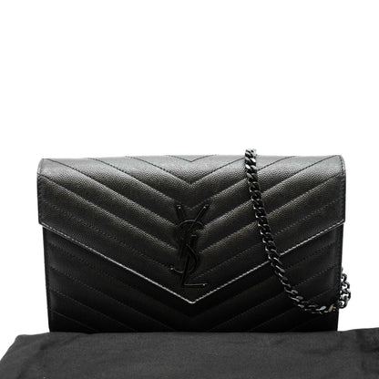 YVES SAINT LAURENT Cassandra Grain De Poudre Embossed Chain Wallet Black