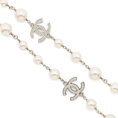 Chanel Pearl and CC with Crystal Long Necklace Silver Tone