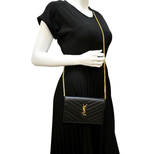 YVES SAINT LAURENT Cassandre Matelasse Chain Wallet Crossbody Bag Black