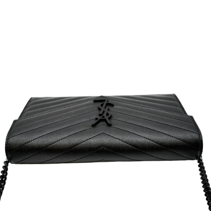 YVES SAINT LAURENT Cassandra Grain De Poudre Embossed Chain Wallet Black