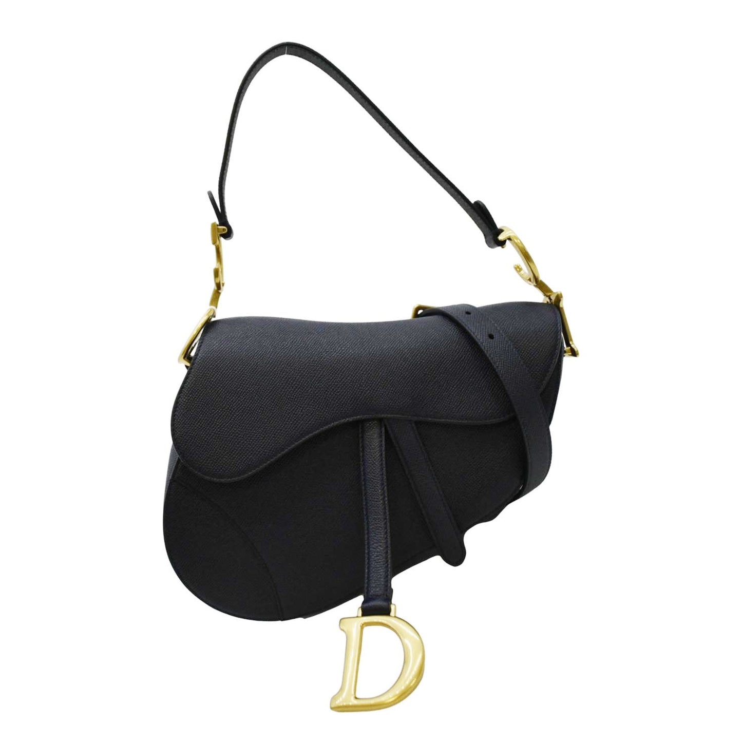 CHRISTIAN DIOR Saddle Grained Calfskin Leather Satchel Shoulder Bag Navy Blue