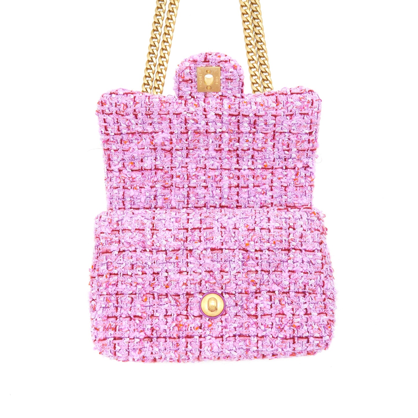 Chanel 22P Mini Square Flap Bag Tweed Pink Gold/Pink Hardware