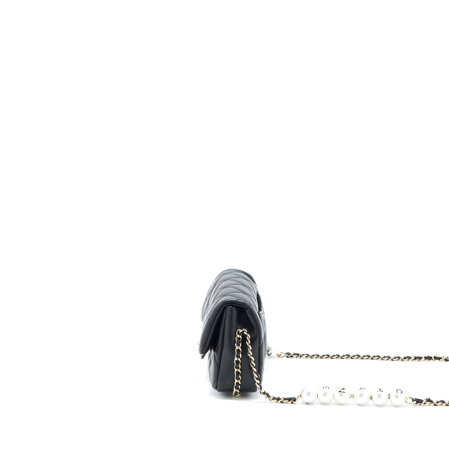 Chanel Pearl Chain Flap Bag Quilted Lambskin Black L