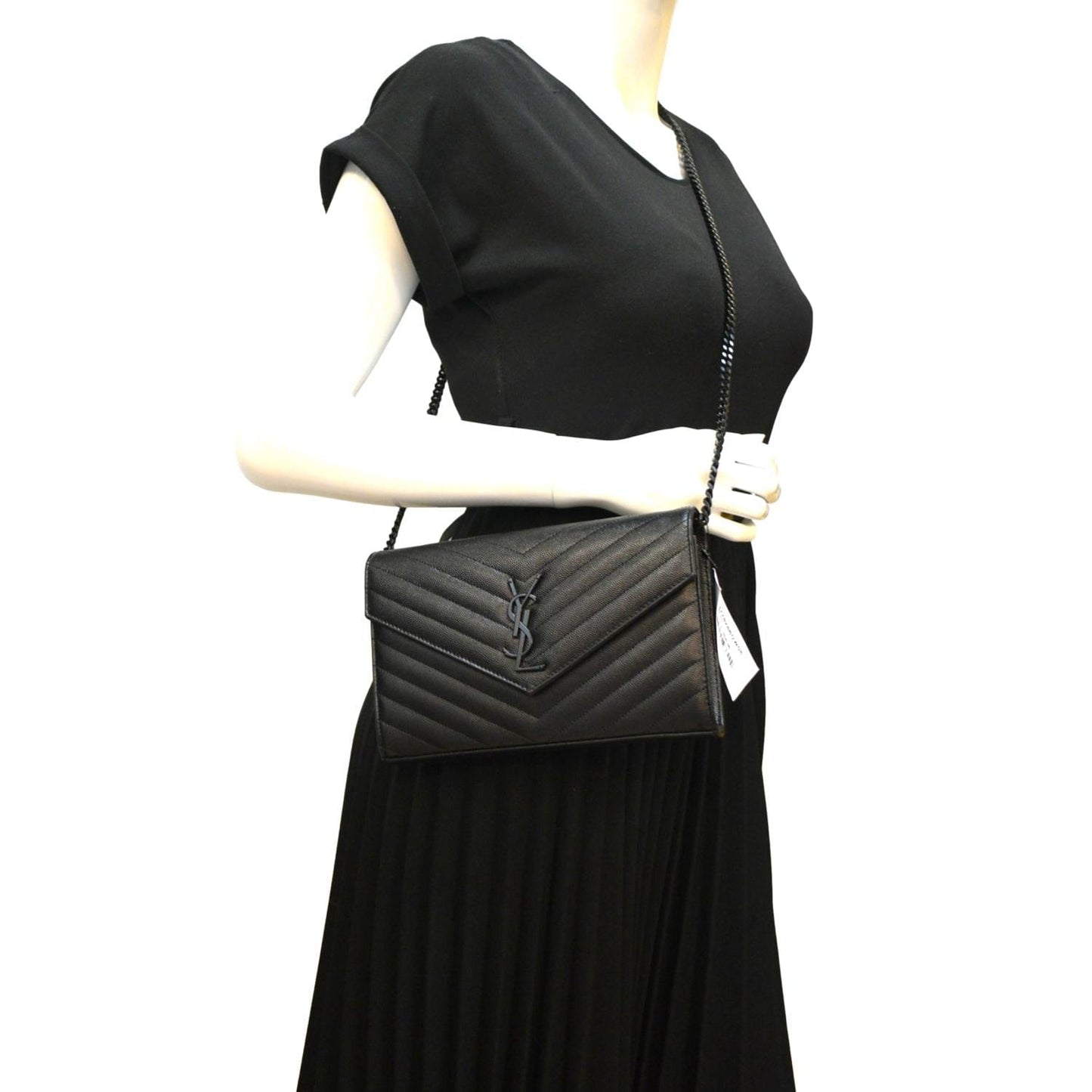 YVES SAINT LAURENT Cassandra Grain De Poudre Embossed Chain Wallet Black