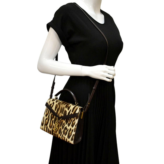 YVES SAINT LAURENT Cassandra Leopard Print Monogram Canvas Shoulder Bag Maroon