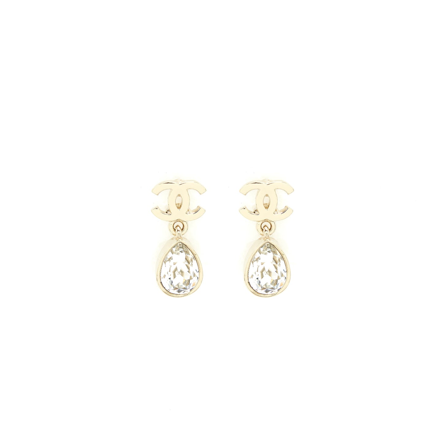 Chanel CC And Crystal Drop Earrings Light Gold Tone