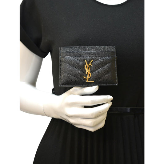 YVES SAINT LAURENT Cassandre Monogram Grain De Poudre Leather Card Holder Black