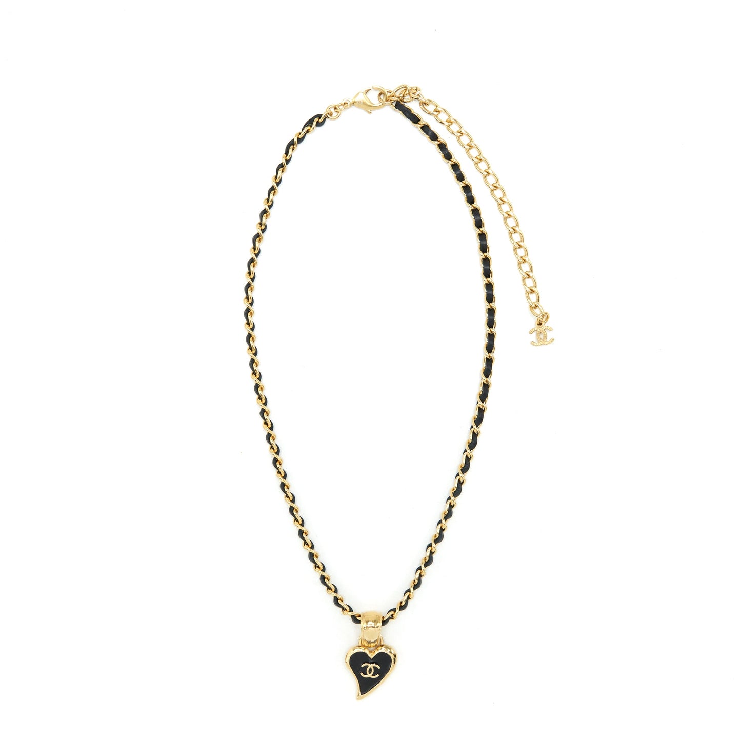 Chanel Leather Chain Necklace Black With Heart CC Pendant