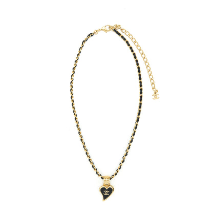 Chanel Leather Chain Necklace Black With Heart CC Pendant