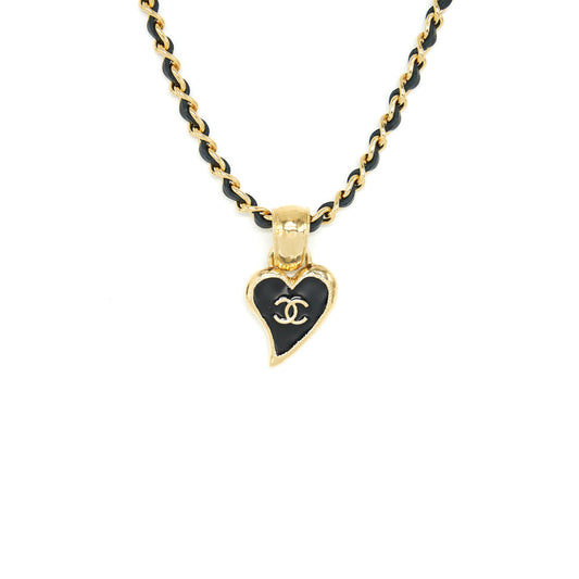 Chanel Leather Chain Necklace Black With Heart CC Pendant