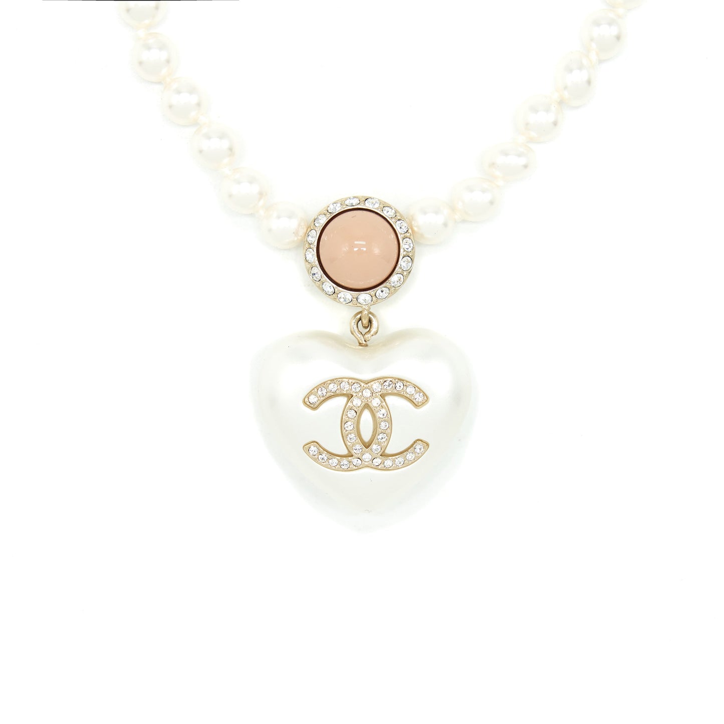 Chanel Pearl Necklace With Heart Pearl Crystal CC Logo L