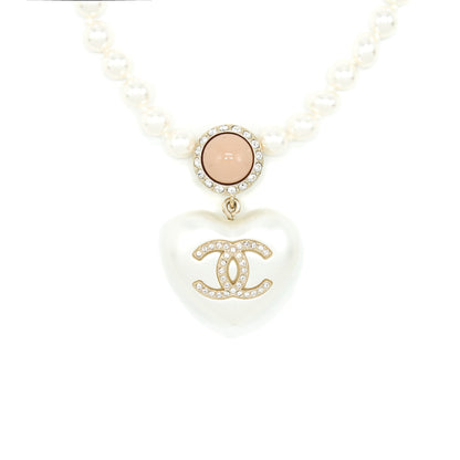 Chanel Pearl Necklace With Heart Pearl Crystal CC Logo L