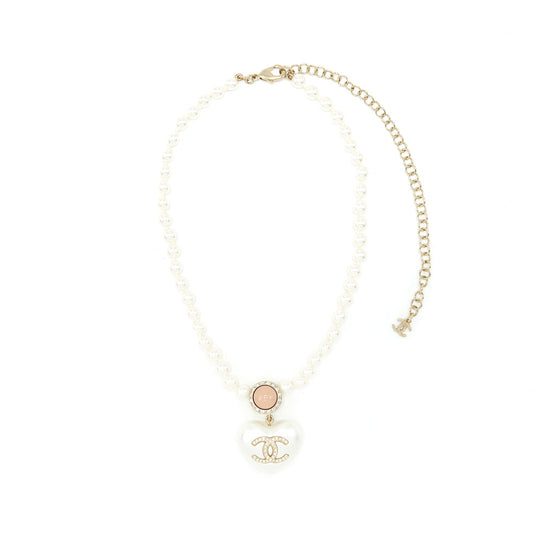Chanel Pearl Necklace With Heart Pearl Crystal CC Logo L
