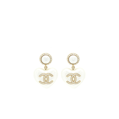 Chanel Heart Pearl Crystals CC Logo Earrings L